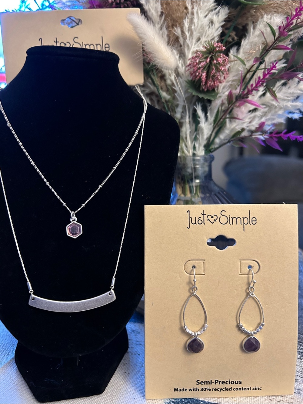 Silver Necklace and Purple Gemstone Drop Earrings